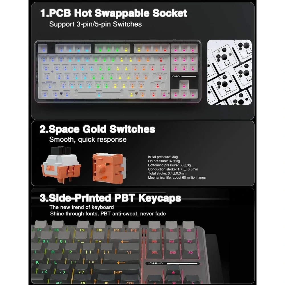 AULA F87 Pro Wireless Mechanical Keyboard 75% TKL Hot Swappable RGB Backlit